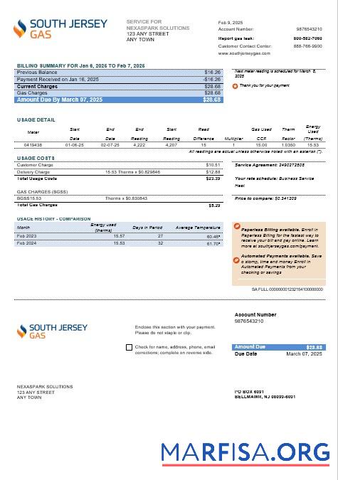 Printable USA New Jersey South Jersey Gas business utility bill template in Word and PDF formats